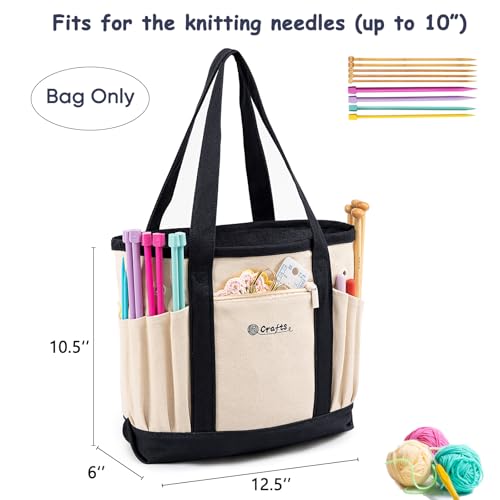 Image of MYBAGZING Canvas Yarn Storage Organizer Bag Washable Crochet Bag with Pockets for Yarn, Hooks, Needles - Travel Knitting Tote for Crafters - Gift for Crocheters & Knitters (Medium /Large)