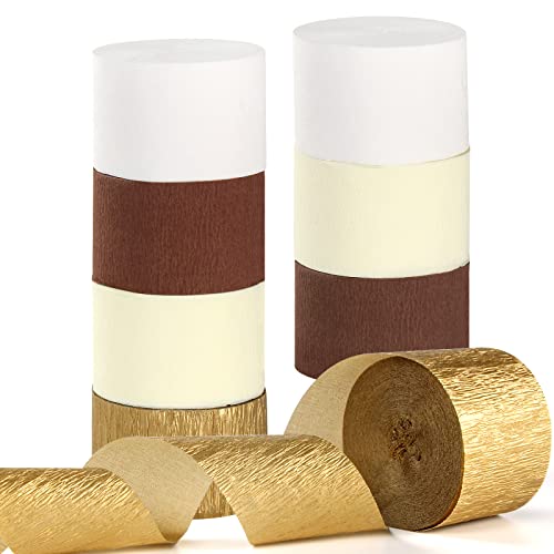 Image of White-Brown Ivory-Gold Boho Party-Decorations Streamers - 8 Rolls Rustic Wedding Birthday Neutral Baby Bridal Shower Crepe Tissue Paper Streamer Bachelorette Engagement Garland Decor Panduola