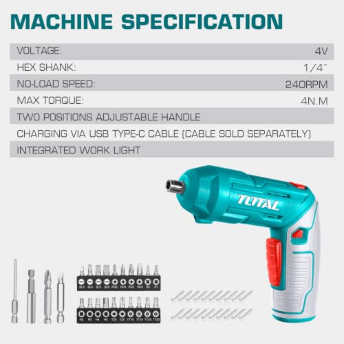 Image of TOTAL 4V Cordless Screwdriver, 4Nm Torque, 240RPM, 23 Cr-V Bits Set | Two-Position Handle, Type-C Charging, Work Light, 1 /4 Inch Hex Shank, Magnetic Connector and Case