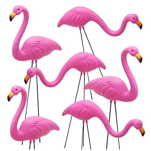 Set of 6 Small Pink Flamingo Yard Stakes
