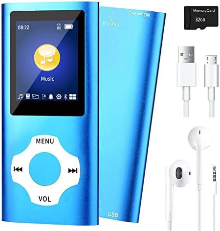 Mp3 Player with 32GB TF Card,MP3 Music Player with Bluetooth 5.0,FM Radio,Earphone, Portable HiFi Music Player with Voice Recorder/Video/Photo Viewer/E-Book Player for Kids,Running,Walking (Blue)