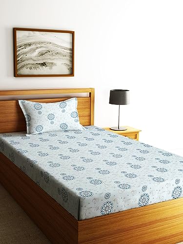 Image of Home Sizzler 144TC Daisy Dreams Light Blue Floral Single Bedsheet with 1 Pillow Cover