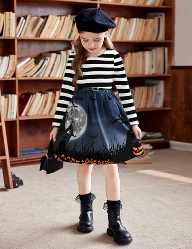 Arshiner Little Girls Dress Long Sleeve Solid Color Casual Skater Pocket Dress4