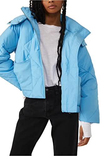 Free People Womens Emmy Swing Hooded Puffer Jacket Blue M