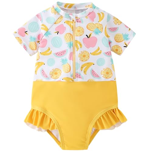 Image of AMIYAN Toddler Girls One-Piece Swimwear Short Sleeve Ruffle Swimsuit Zipper Rash Guard Bathing Suit for Little Girls 1-5Y