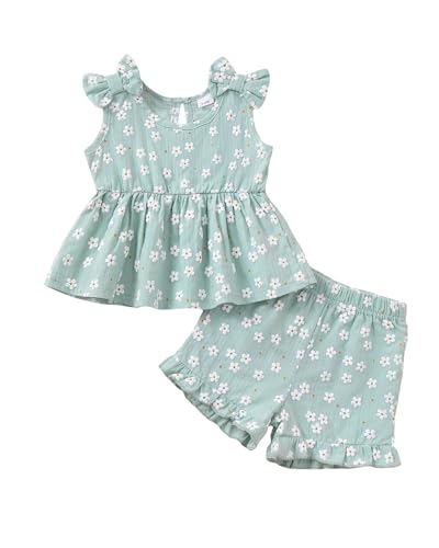 Kucnuzki 18-24 Months Summer Fashion Girl Clothing Graphic T Shirts Basic Tank Tops Green Lounge Shorts Bottom Pants Two Piece Toddler Girl Outfit