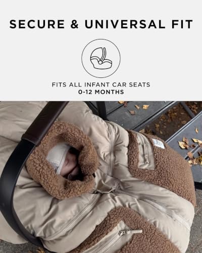7AM Enfant Car Seat Covers - Cocoon Baby Cover for Boys & Girls, Rain & Snow Repellent, Breathable Windproof, Center Zipper, Universal Fit for Infant Car Seat (0-12M) (Oat, Applique Cacao) — view 6