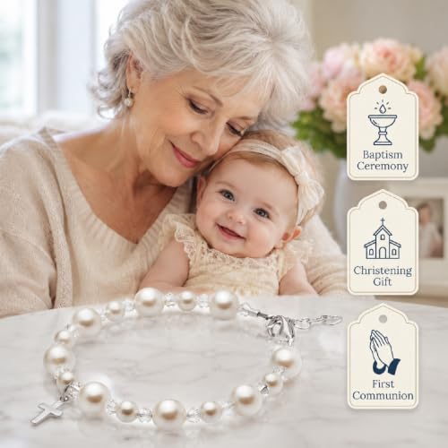 Image of Baby Crystals Personalized Baptism Gifts for Girl Sterling Silver Cross Pearl Bracelet