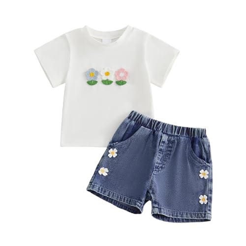 Image of Beauace Toddler Baby Girl Summer Clothes Short Sleeve Cree Neck Floral Embroidery T-shirt Denim Shorts 2 Piece Kids Girls Outfit (White, 3-4 Years)