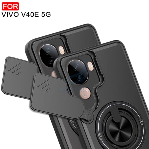 Image of AESTMO VIvo V40E 5G Back Cover | Armor Camera Slider 360 Degree Rotating Finger Ring Holder Case with Bracket Stand Back Case Cover (Compatible with MagSafe Accessories) (Black)