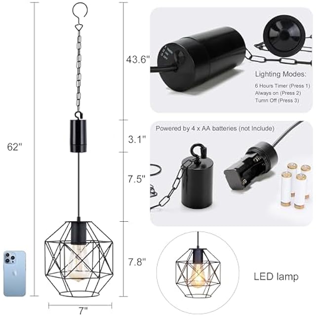 Battery Operated Hanging Pendant Light Battery Power Outdoor Waterproof Chandelier with 6 Hours Timer Gazebo Lights Indoor Lamp Lantern for Porch Pergola Patio Garden Barn Room Decor