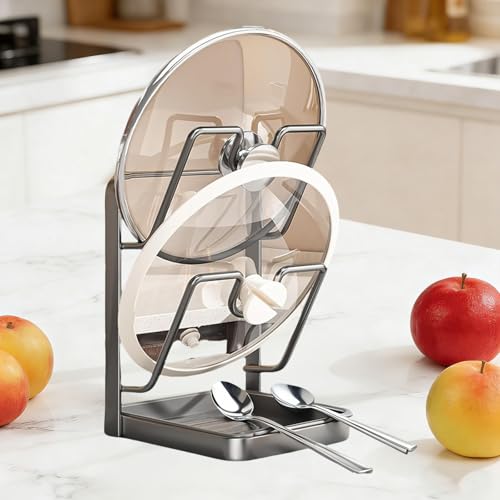 tugkew 304 Stainless Steel Kitchen Pot Lid Storage Rack, Pot Lid Holder while Cooking, Pot Lid Organizer with Removable Tray & Spoon Rest,Waterproof & Rustproof (Grey, 2 Layer)