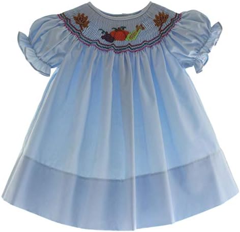 Rosalina Girls Blue Smocked Dress Thanskgiving Pumkin Fall Leaves