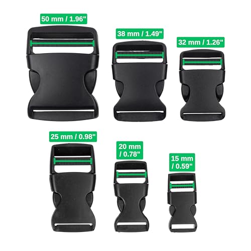 Steckschnallen Set, 24 Stück, jede Größe 4 Mal, 15 mm, 20 mm, 25 mm, 32 mm, 38 mm und 50 mm, in Schwarz, aus Kunststoff, Steckschnallen-Klickverschluss, Ersatz Steckverschluss Reparatur, Gurtschnalle