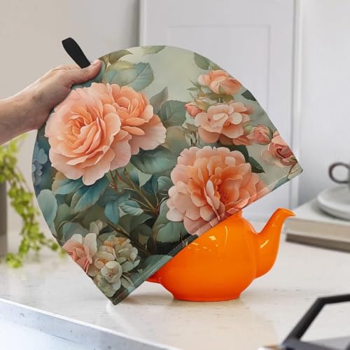 Image of Orange Peony Tea Pot Cozy for Keeping Warm Soft Tea Insulated Cosy Breakfast Warmer for Coffee,Dust Proof Teapot Dust Protector Kitchen Decorative Designed in England