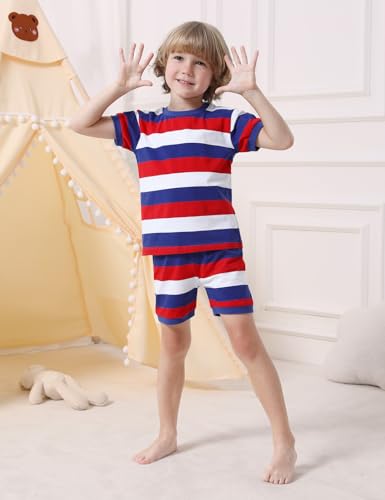 A&J DESIGN Elastic Cotton Fabric Striped Pjs for 2-14 Years Kids, 2-Piece Short Sleeved Pajamas Set2