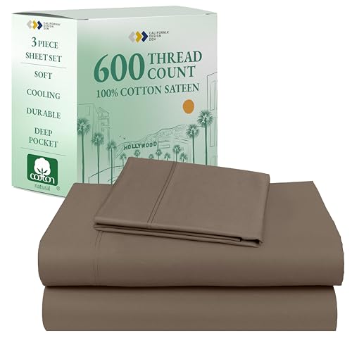 California Design Den Twin Bed Sheets 100% Cotton, 600 Thread Count Sateen, Soft, Cooling Brown Twin Sheet Set, Hotel-Quality Bedding with Deep Pockets (Mushroom - Taupe Brown)