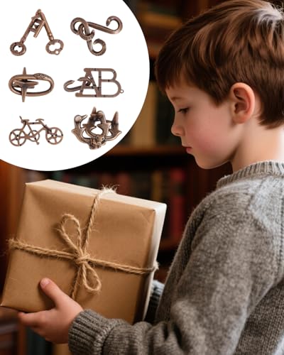 Image of 6 PCS Metal Puzzles for Adults, Ancient Bronze Desktop Puzzle Set, Brain Teaser Toy for Kids & Adults, Educational Cognitive Development Game for Travel & Home Use