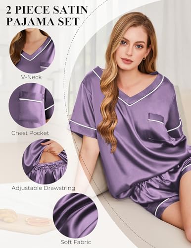 Image of Silk Pajamas for Women Short Sleeve Satin 2 Piece Pj Set Soft V Neck Sleepwear Loungewear, S-XXL