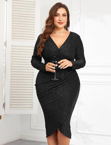 Image of ZOMVA Plus Size 0X-4X Sparkly Glitter Ruched Bodycon Midi Dress Sparkle Sequin Wrap Ruffle Sleeve Dress Cocktail Party Formal