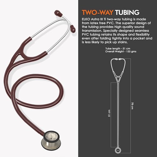Image of ELKO EL-240 ASTRA III Ti Titanium dual head acoustic stethoscope | Adult & Pediatric Stethoscope with Double-sided Natural Titanium Chestpiece | Two-Way PVC Tubing | Doctors & Medical Students (Brown)