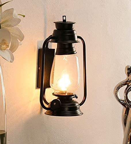 Image of Vintage Lantern Wall Light for Home Decor, Iron & Glass Antique Sconce Lamp for Living Room Bedroom Hall, Indoor Wall Lighting, Black (Bulb Not Included) Pack of 1