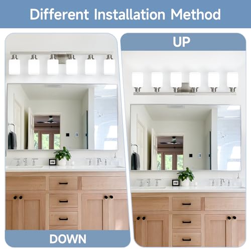 Image of 6-Light Bathroom Vanity Light,Brushed Nickel Vanity Lights with Square Frosted Glass,Modern Bathroom Wall Lights Fixtures Over Mirror,Wall Sconces Lighting for Bedroom Living Room,E26
