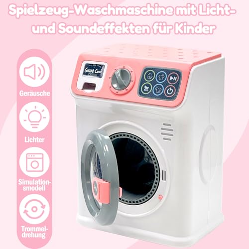 BAYMI Waschmaschine Kinder - Elektronische Kleine Waschmaschine mit Rotierender Trommel und Realistischen Geräuschen, Spielzeug für Kinder ab 3 Jahren (Rosa)