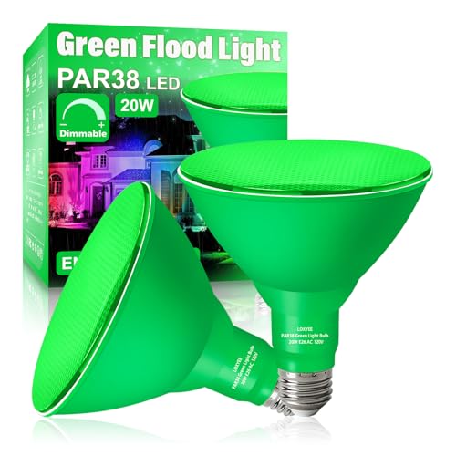 LOXYEE PAR38 Flood Green Light Bulbs,2 Pack Dimmable,E26 Base Green Flood Light Outoor(20W Replace to 200W),Halloween Light Bulb for Outside,Christmas,Holiday Lighting