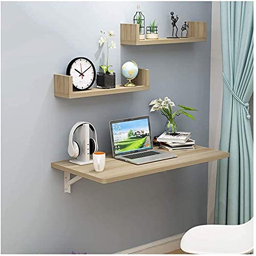 OGFC 95870 Wall-Mounted Folding Work Desk/Laptop Desk/Folding Floating Laptop Table, Space Saving, Bedroom 70x35CM-Light Walnut Color