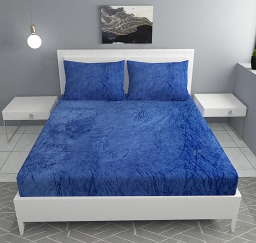 Image of Sands Flannel 300 TC Luxurious Bedsheets for Winter, King Size Fitted Warm Double Bedsheet, 72 x 78 x 10 inches, with 2 Pillow Covers (Blue)