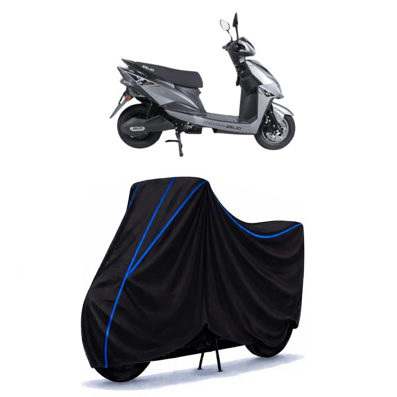 Image of Scooty Cover Water Resistant for Zelio Grocy Electric | Universal Scooter & Bike Cover | Heavy Duty UV Dust, Rain & Scratch Protection | Elastic Fit All Weather Indoor Outdoor | Black with Blue Piping