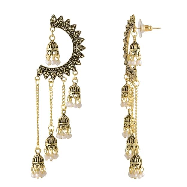 Image of WORLD CRAZE Multicolour long kashmiri jhumka for women chandbali earrings chand baliyan | kashmiri earrings for women | bahubali earrings stylish | Traditional Indian Festive Jewelry | Long Chain Tassels | Pearl Drop Latkan Jewellery (Multi colour)