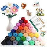 GENHH 36 Farben Nadelfilz Set, Filzwolle Roving, 108g Filzen Starterset Märchenwolle mit Grundwerkzeugen & Zubehör für Blumenstrauß Frühlingsdeko Wollfilzset für Nassfilzen Trockenfilzen DIY Handwerk