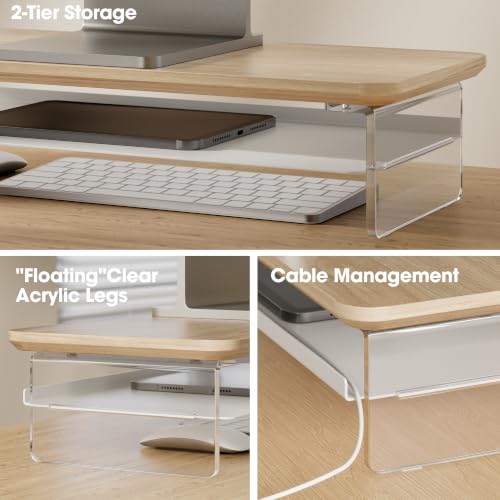 Image of Fenge 23.6 inch Monitor Stand with Clear Acrylic Legs, Oak | Clear acrylic, storage compartment, 2-tier home office monitor riser, wide large desktop shelf fit monitor /laptop /printer