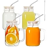 DESIYUE Paquete de 4 tarros Mason de 20 onzas con tapa de bambú y popote, vasos de tarro Mason, vasos de vidrio de 20 onzas con asa para jugo, batidos, kombucha, té, leche, el mejor regalo