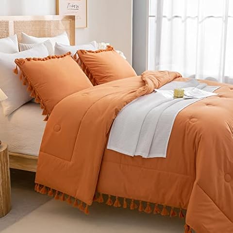 Bedbay Burnt Orange Comforter Set 100% Washed Cotton Linen Like Textured Comforter Set Luxury Knotted Tassel Fringed Boho Bedding Comforter Set King Size(Burnt Orange,King) Cover