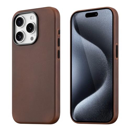 maogoam Echt Leder Hülle für iPhone 15 Pro Max Vintage Crazy Horse Leder Case Kompatibel mit MagSafe Indiana-Jones Style Dunkelbraun
