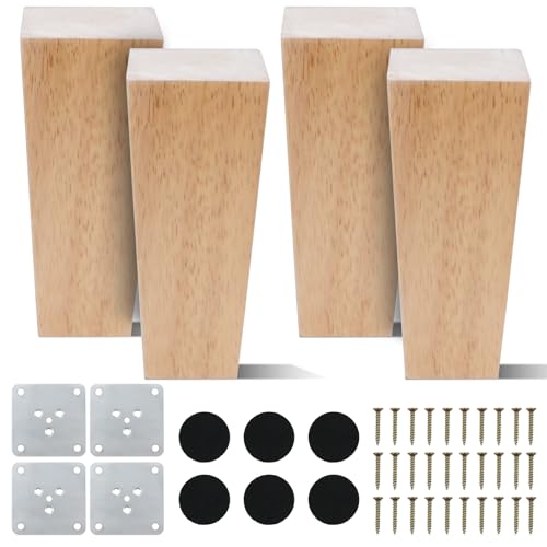COEWUR 4 Piezas 12 cm Patas de Muebles de Madera Patas de Madera Patas para Muebles Maciza Cuadradas Patas de Repuesto para Mesa Sofá Cama Armario con Placa de Montaje Almohadilla de Fieltro Tornillo