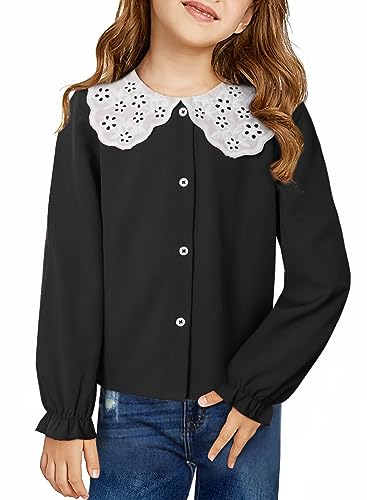 Image of DOKOTOO KIDS Girls Ruffle Long Sleeve Chiffon Blouses Cute Peter Pan Collar Shirts Tops 7-15 Years