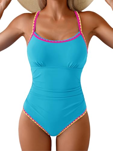 Image of Eomenie Women's One Piece Swimsuit Tummy Control Slimming Bathing Suit Ruched Swimwear Tie Back Shell Stitch Swim Suit