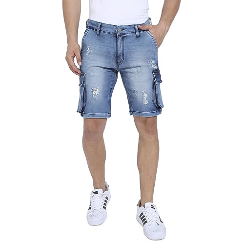 Image of CAHOOT Men's Side-Striped Denim Shorts for Casual Wear | Dark-Wash | Regular Fit | Button Closure | Denim Shorts Crafted with Comfort Fit for Everyday Wear