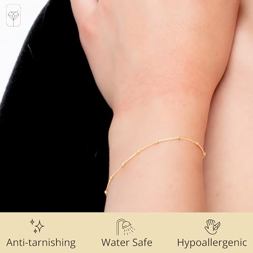 MAX + STONE 10K Real Yellow Gold Beaded Bracelet and Chain Necklace for Women with Sensitive Skin | Hypoallergenic Bracelet with Secure Clasp & Necklace | Adjustable Chains in 7.5"-9.5" and 16"-18"2