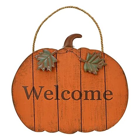 Wooden Pumpkin Welcome Sign Hanging Fall Front Door Decor Rustic Wood Autumn Decoration Decorative Flat Pumpkin Indoor Outdoor Home Decor for Harvest Halloween Thanksgiving (Small) Cover