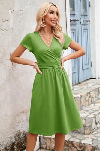 Image of Newshows Womens Summer Short Sleeve Casual Dresses V Neck Floral Vacation Sundress Faux Wrap Midi Dress with Pockets