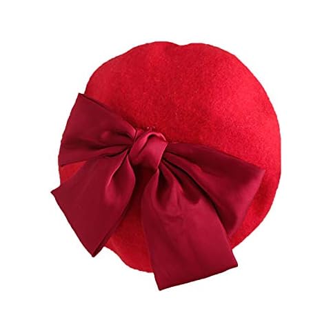 Kids Thermal Beret Hat Baby Girls Toddler Berets Wool Hats Autumn Winter Party Wear Beanies Caps Knitted Multiple Function Retro Patchwork Hat Ribbon Bowknot Accessories (Red, One Size) Cover