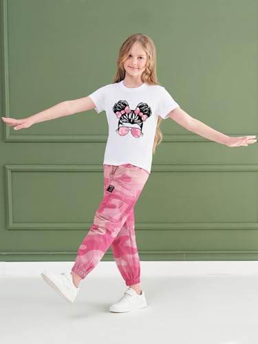 Image of ARTMINE Girls' 2 Piece Outfits Casual Drawstring Jogger Pants and Basic Short Sleeve Top Set, 6-14 Years