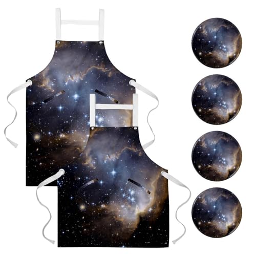 Lot de 2 tabliers de cuisine avec 4 broches motif espace
