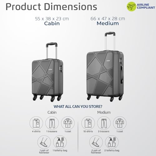Image of Safari Polypropylene (PP) Pentagon Hardside Small and Size 4 Wheels Spinner Cabin & Check-in Luggage Set of 2 Suitcase Trolley Bags for Travel Dark Grey Color 55Cm & 66Cm