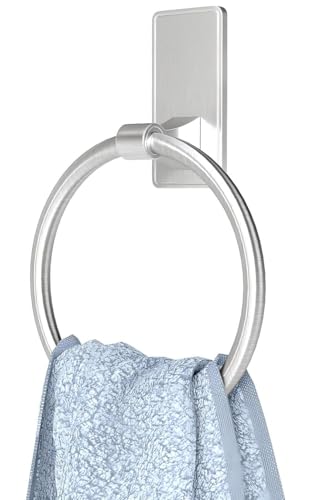 Image of Adhesive Towel Ring, Bathroom Hand Towel Holder SUS304 Heavy Duty Stick On Towel Holder for Kitchen, Brushed Nickel